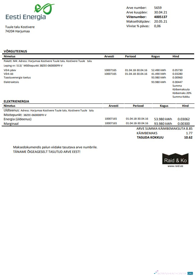 download Estonia Eesti Energia electricity utility bill template in Word and PDF format PDF template